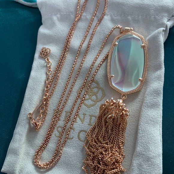 Kendra Scott Rayne Rose Gold Long Pendant Necklace Dichroic Glass - Picture 3 of 15